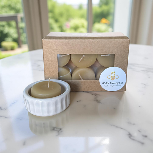 “Iris” Pottery Tall Tea Light Beeswax Candle Holder and Pack of 6 candles