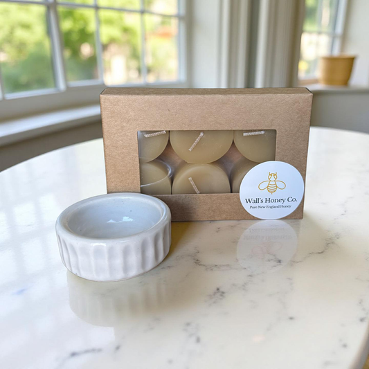 “Iris” Pottery Tea Light Beeswax Candle Holder and Pack of 6 candles