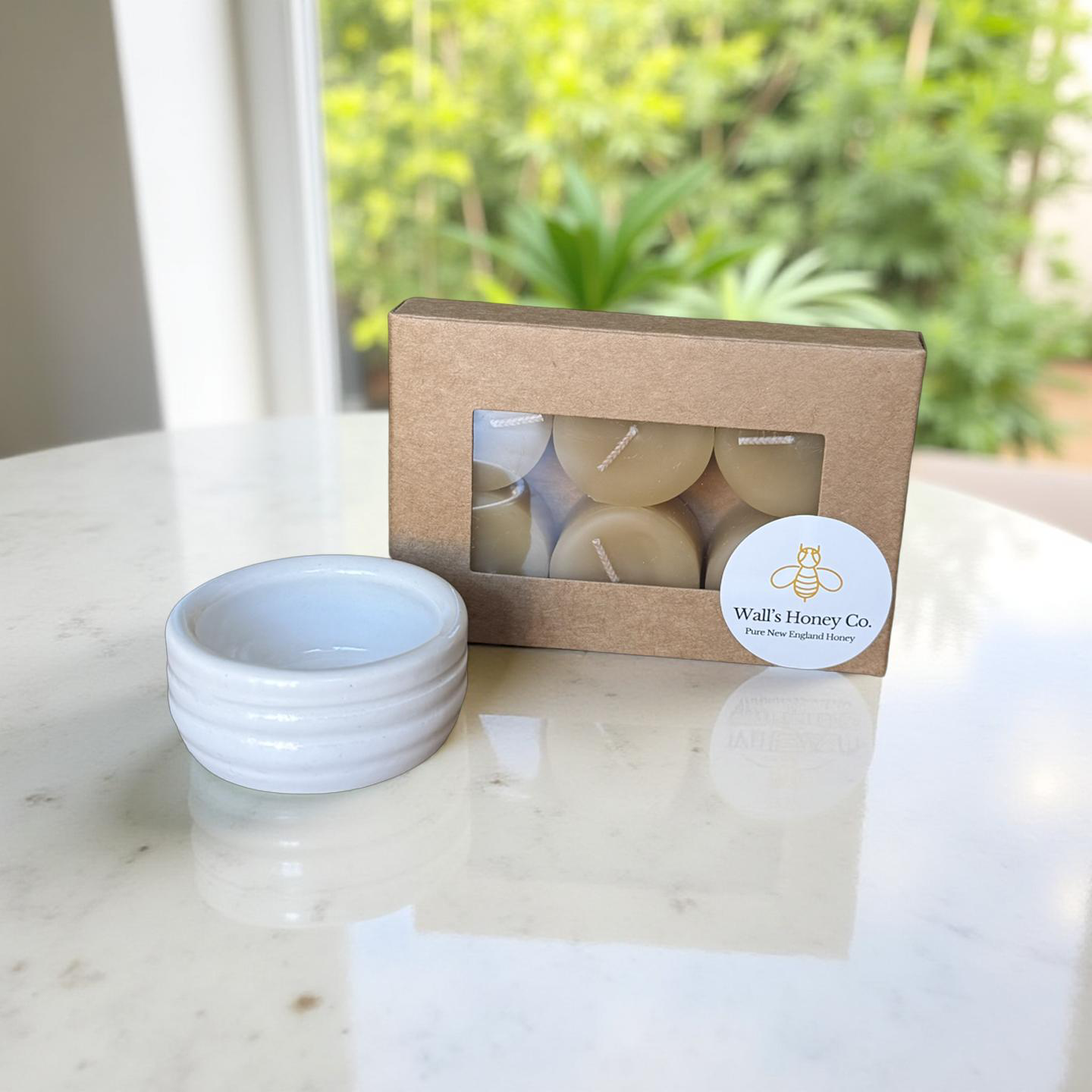 “Juniper” Pottery Tall Tea Light Beeswax Candle Holder and Pack of 6 candles