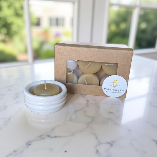 “Juniper” Pottery Tall Tea Light Beeswax Candle Holder and Pack of 6 candles