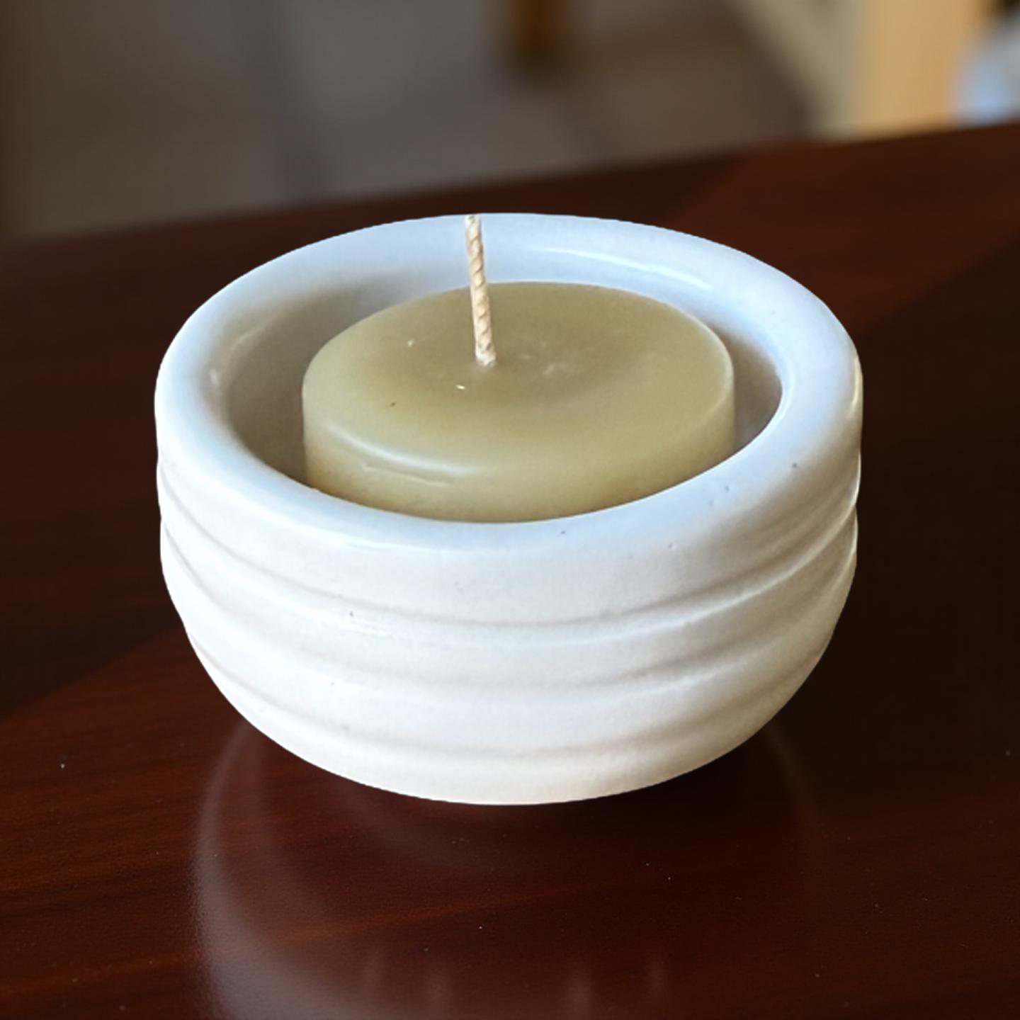 “Juniper” Pottery Tall Tea Light Beeswax Candle Holder and Pack of 6 candles