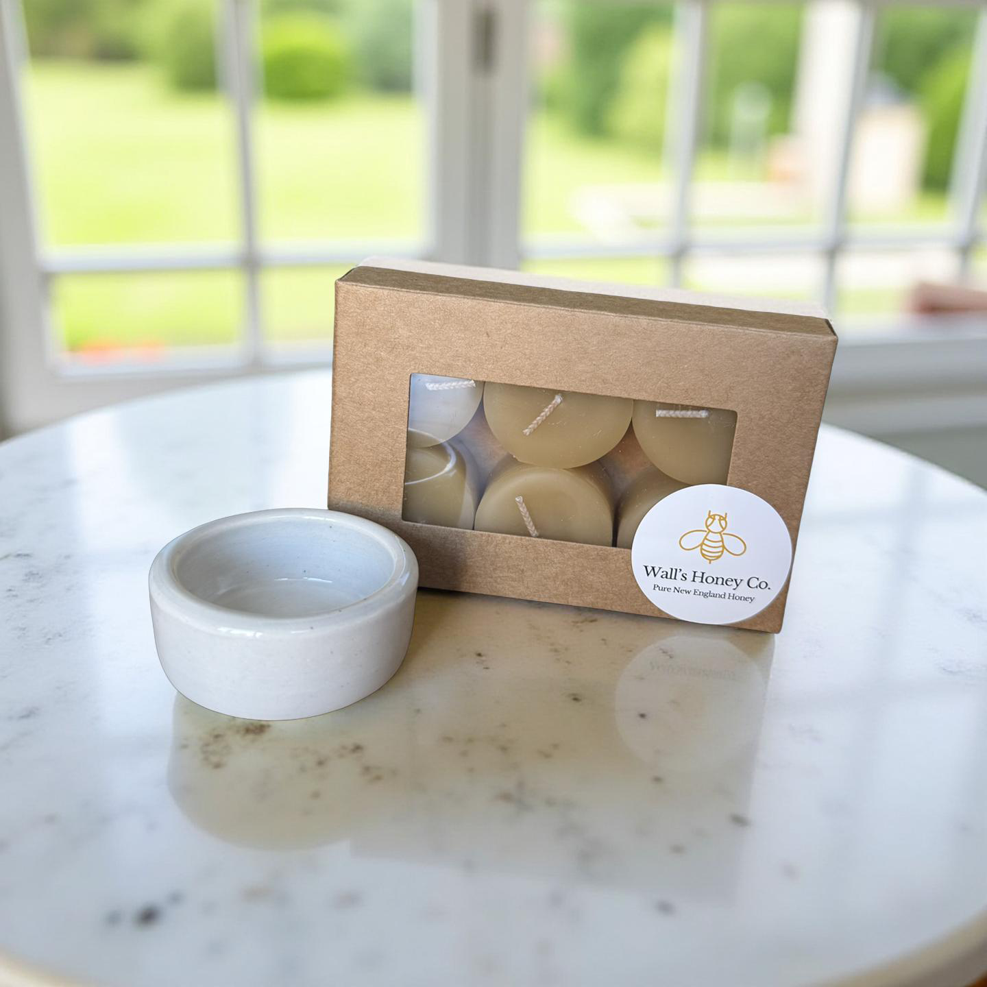 “Delilah” Pottery Tall Tea Light Beeswax Candle Holder and Pack of 6 candles