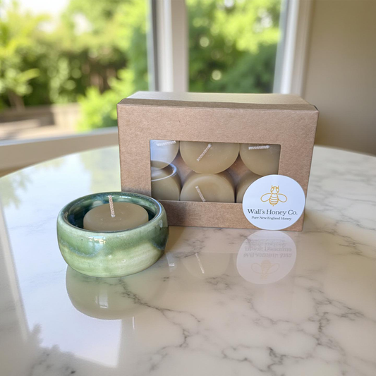 “Jade” Pottery Tall Tea Light Beeswax Candle Holder and Pack of 6 candles