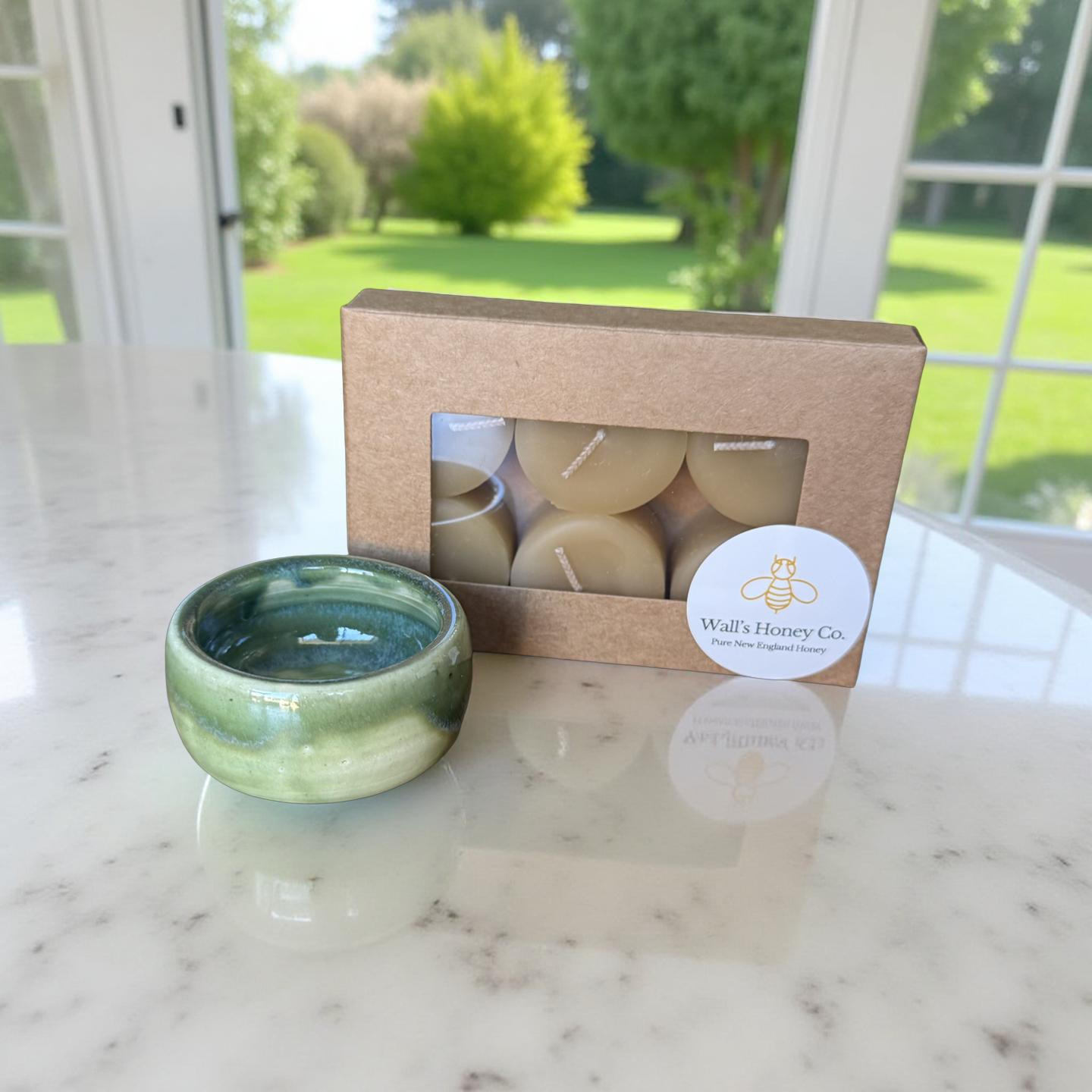 “Jade” Pottery Tall Tea Light Beeswax Candle Holder and Pack of 6 candles