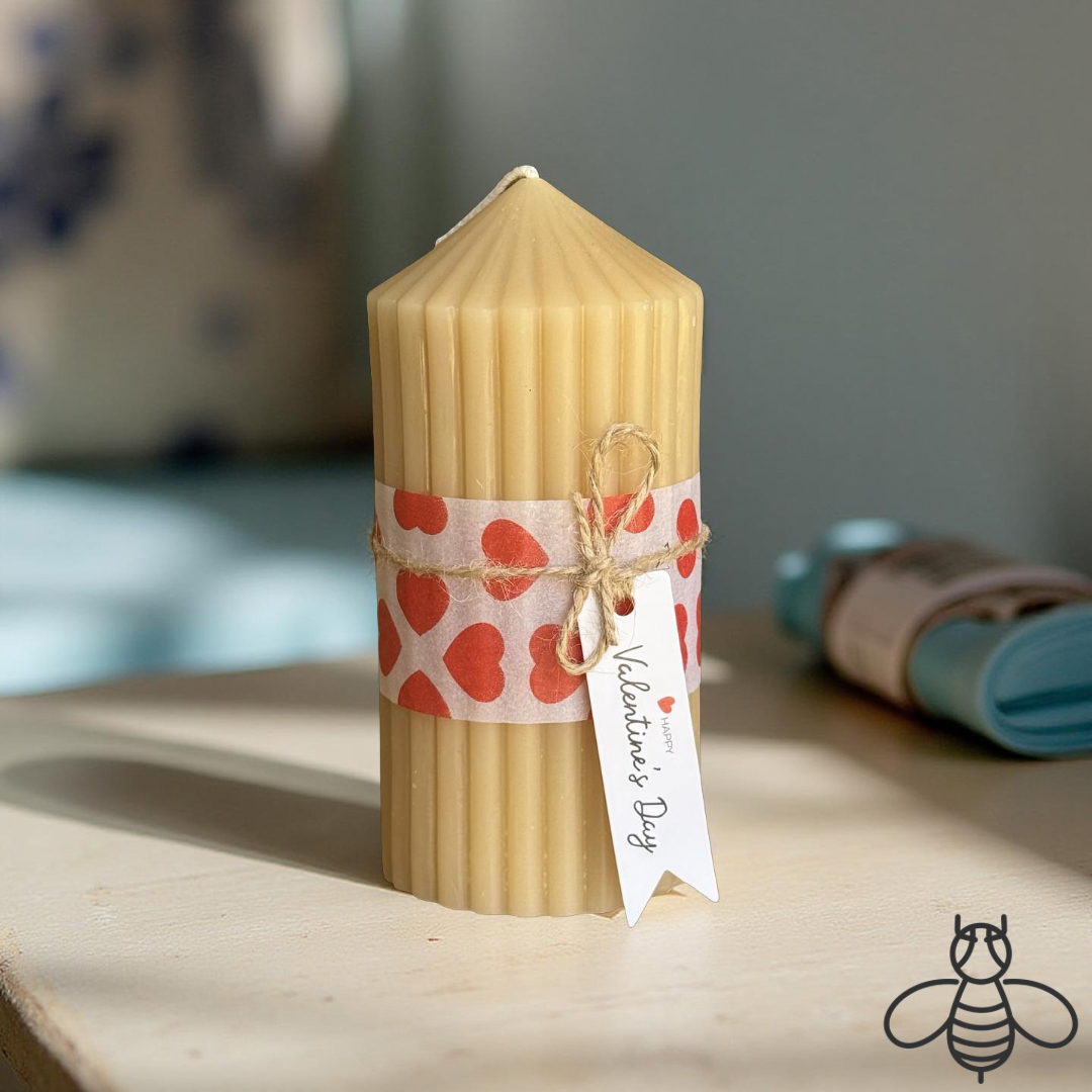Valentines Day Large Fluted Pure Beeswax Pillar Candle