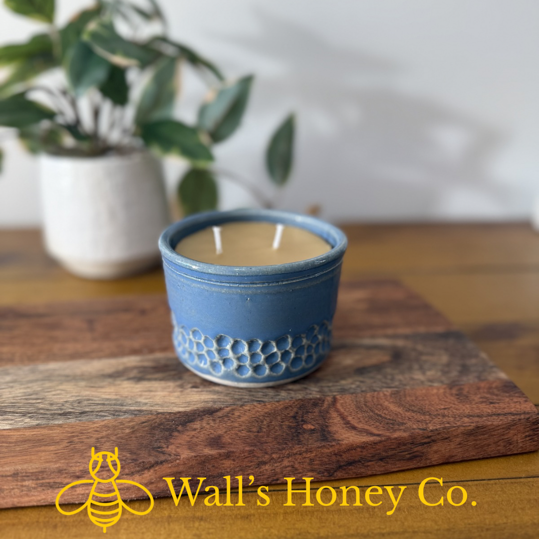 “Mia” pure beeswax candle in local pottery