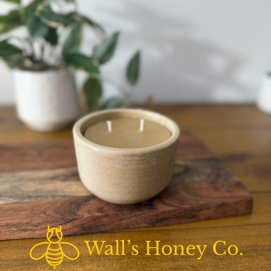“Ava” pure beeswax candle in local pottery