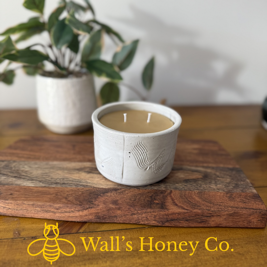 “Willow” pure beeswax candle in local pottery