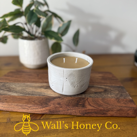 “Willow” pure beeswax candle in local pottery