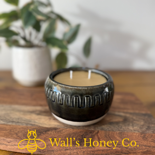 “Evie” pure beeswax candle in local pottery