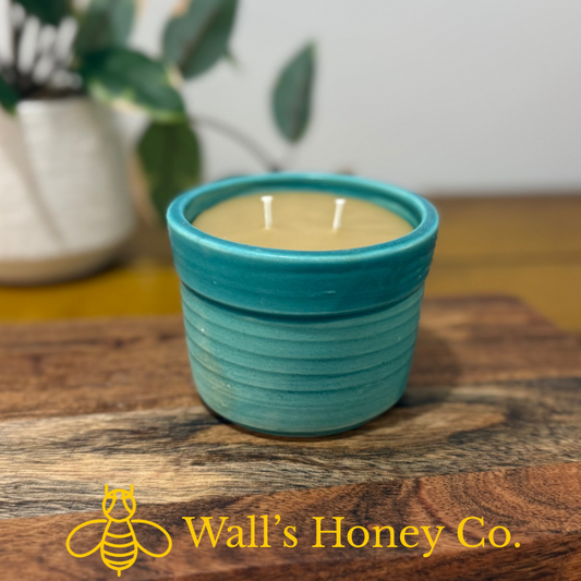 “Sienna” pure beeswax candle in local pottery