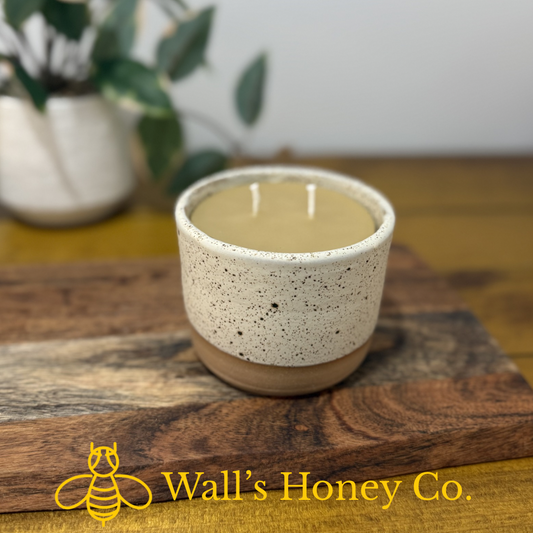 “Zara” pure beeswax candle in local pottery