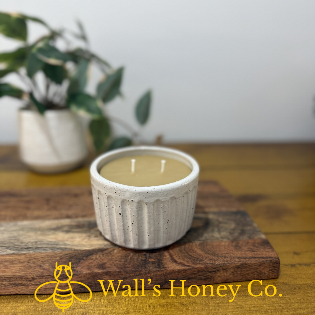 “Chloe” pure beeswax candle in local pottery