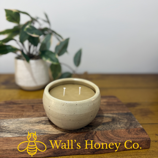 “Elsie” pure beeswax candle in local pottery