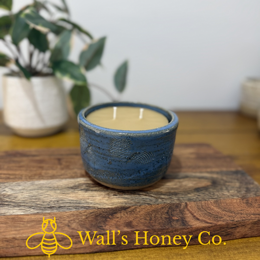 “Hazel” pure beeswax candle in local pottery