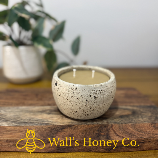 “Daisy” pure beeswax candle in local pottery