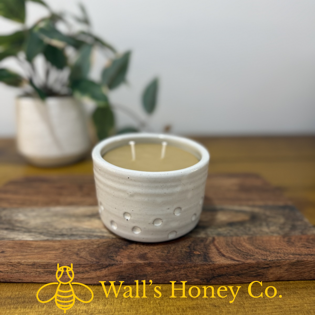 “Luna” pure beeswax candle in local pottery